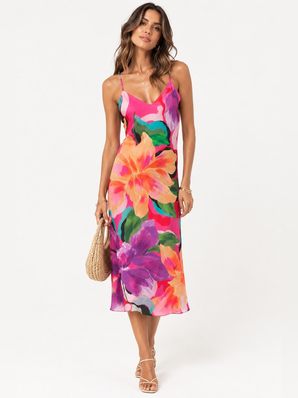 Show Me Your MuMu Pink Floral Slip Midi Dress size S NWOT vacation tropical chic